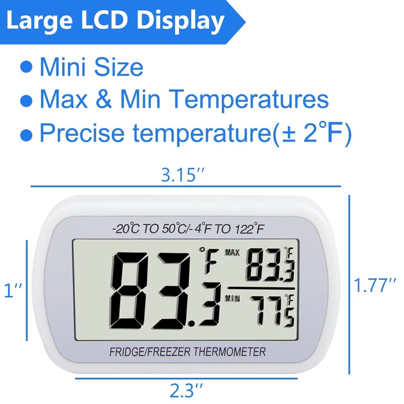 RIY Digital Refrigerator Thermometer 2 Pack Fridge Freezer Room Thermometer Waterproof Large LCD Display Max/Min Record Function, White - Image 2